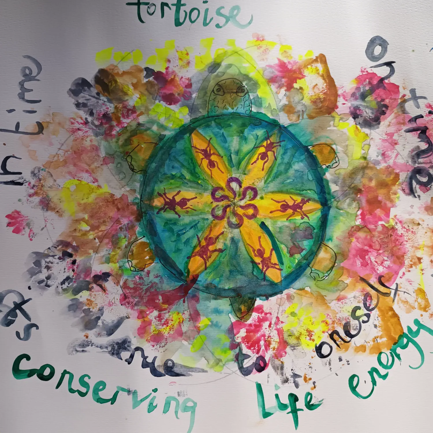 Finished watercolour mandala with a green and yellow tortoise at its centre, ringed with pink and orange paint splashes and handwritten words.